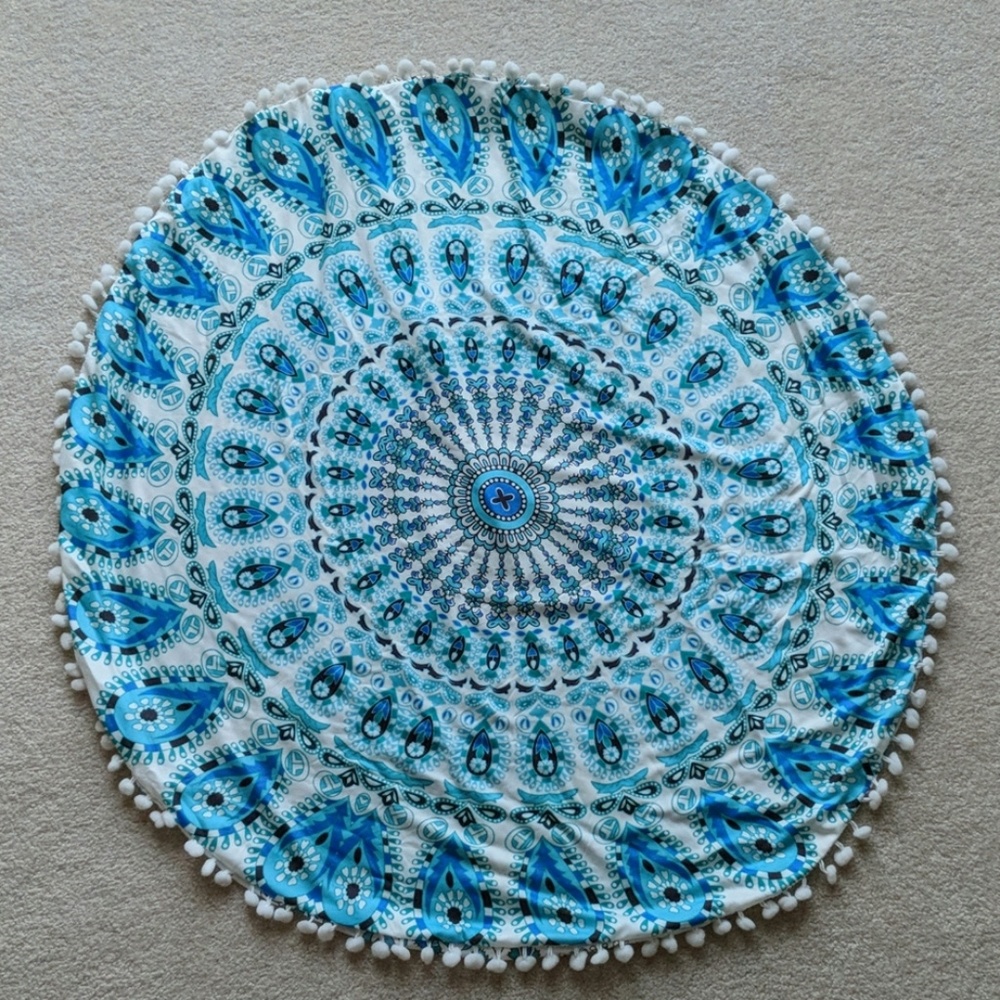 Teal/blue/white round floor pillow cover